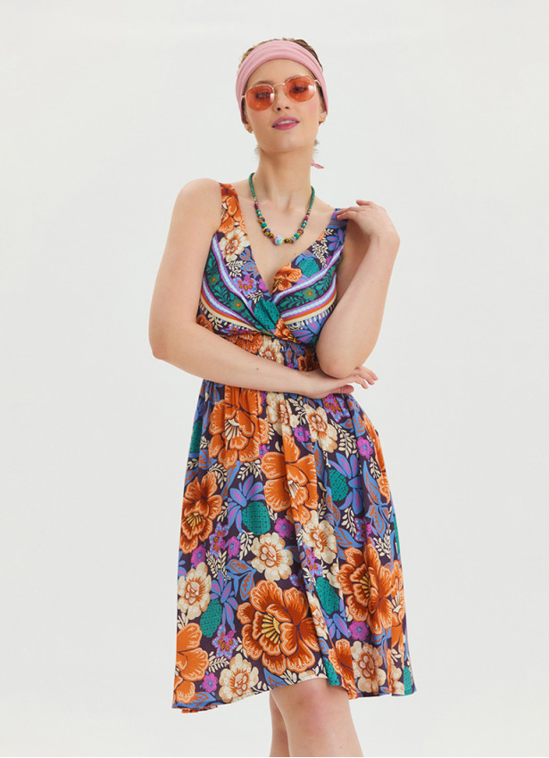 V Neck Robe Blue Patterned Casual Dress 4512